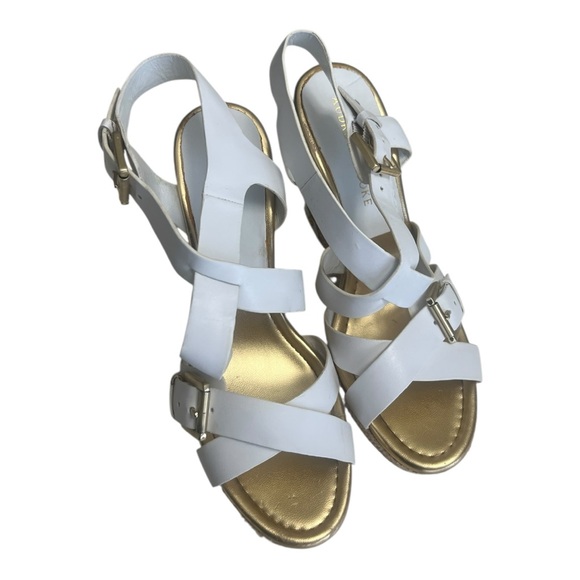 Audrey Brooke Abcecila Gold White Wedge Sandals With Criss-Cross Straps Size 7.5 - Picture 7 of 9